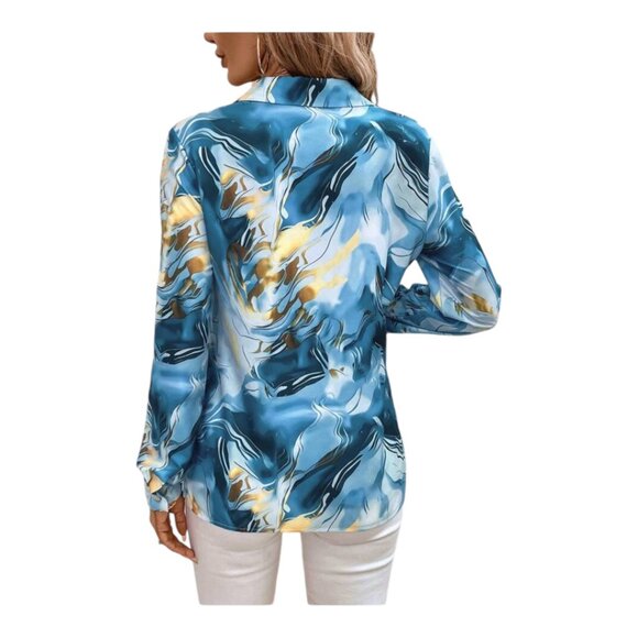 Women's Blue Marble-Print Button-Up Blouse - Picture 2 of 4